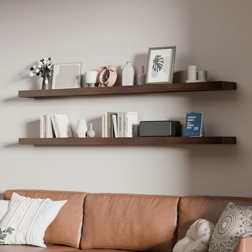 ONOTETUT 60 inch Long Floating Shelves for Wall Solid Wood Long Shelves Set of 2 Walnut Rustic Mounted Shelves for Bathroom Bedroom Laundry Room (Walnut 60 Inch)