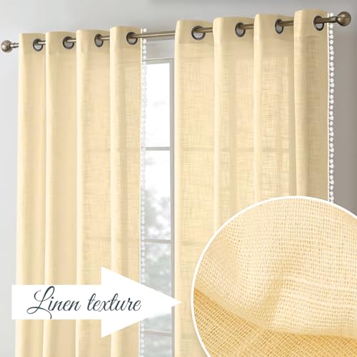 Image of THE LINEN COMPANY Cotton Sheer Grommet Curtains with Side Border Pompom Sheer Curtain for Door Linen Textured, Light Filtering, Pack of 2 (Butter Cream, 7 Feet)