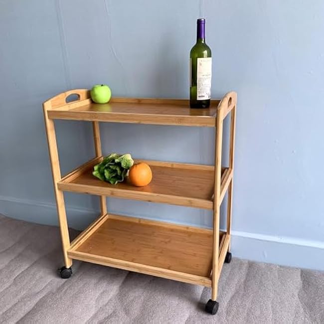Bamboo Kitchen Storage Rolling Cart - 3 Tier Wood Trolley Island Cart, Utility Cart Multi-Layer Storage Organizer Rack on Wheels Microwave Oven with Lockable Castors-l8nPQe4e