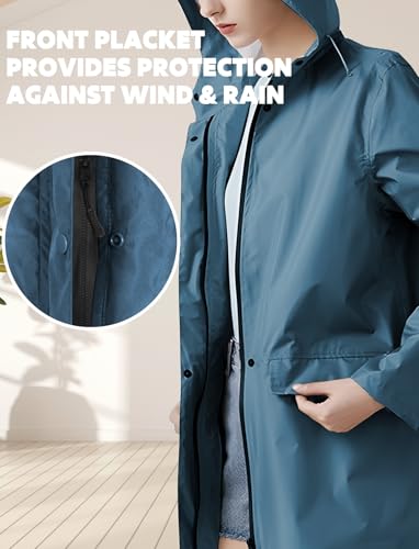 ANYOO Damen Regenjacke Regenmantel Wasserdicht mit Kapuze, Leichter Lange Regenponcho Windbreaker Regenbekleidung, Meer Blau, Einheitsgröße