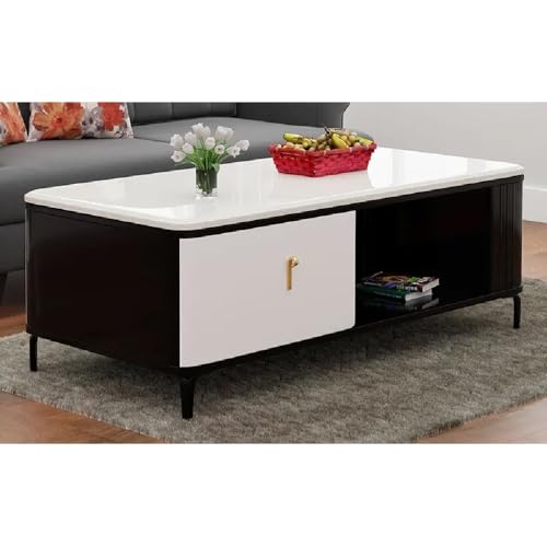 Image of Royaloak Milan Italian Marble Center Table | Italian Art | Metal Legs | Bottom Shelf | High Gloss Reflective Finish | Telescopic Channel | Drawer | Center Table for Living Room