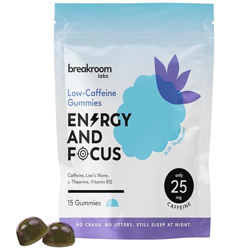 Breakroom Labs Energy and Focus Gummies – Low Caffeine 25mg w/L-Theanine, Lions Mane, Vitamin B12 – Nootropic Brain Supplement for Adults, Kids - Vegan, Low Sugar, Blue Raspberry Flavor, 15 Servings