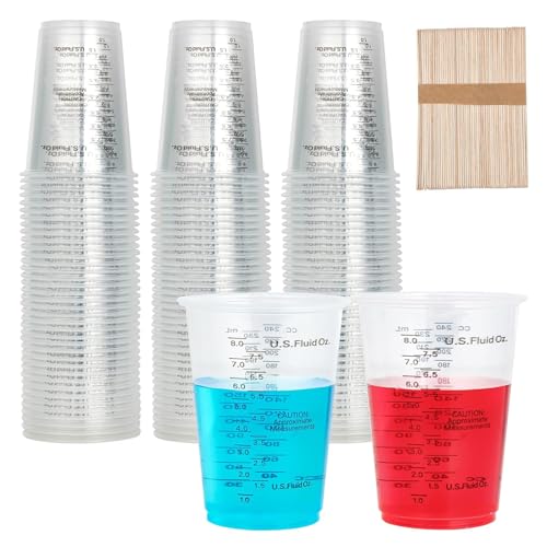 100 Pack Plastic Measuring Cups, 8 oz Mixing Cups with 100 Wooden Mixing Sticks, Can Be Used for Epoxy Resin, Liquid Measuring, Paint Mixing, Cooking and Baking (100 PCS)