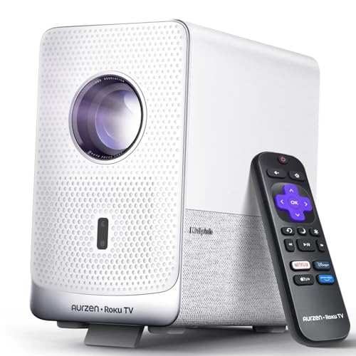 Aurzen Roku TV Smart Projector with Wifi and Bluetooth, D1R Cube Roku Streaming Experience Built-in, Sealed Optical Engine, 1080P FHD, DoIby Audio, Portable Mini Projector for Home/Outdoor M