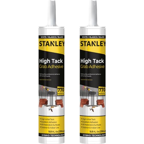 Stanley High Tack Grab Adhesive Caulk - 2X9.8 fl.oz.- Hybrid Polymer and Bonding for Thermal and Acoustic Panels, Roofing, Tile, Stone, Mirror, Marble and Granite, Waterproof, Paintable, 2 Pack