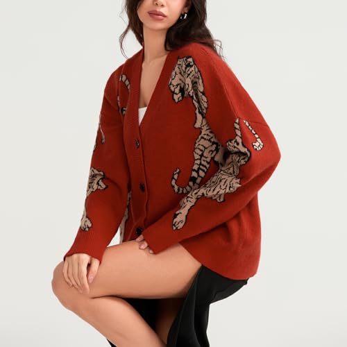 Image of Tiger Print Cardigan Sweaters for Women Button Up Y2k Knitted Cardigans Oversized Long Sleeve Sweater Coats(Orange Brown,S)