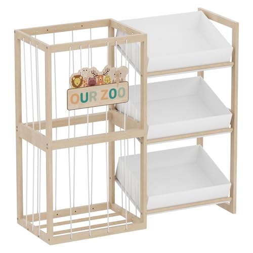 DEMEGA Wooden Toy Storage Organizer with Elastic Bands, Easy to Assemble and Use, Large Capacity Toy Bin Organizer for Nursery Playroom Bedroom, Adorable and Practical Design