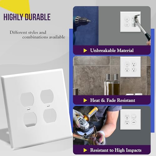 Image of ENERLITES Jumbo Double Duplex Receptacle Cover, Two Outlet Wall Plate, Oversized 2-Gang 5.5 inch x 5.5 inch, Unbreakable Polycarbonate Thermoplastic, UL Listed, 8822O-W, White