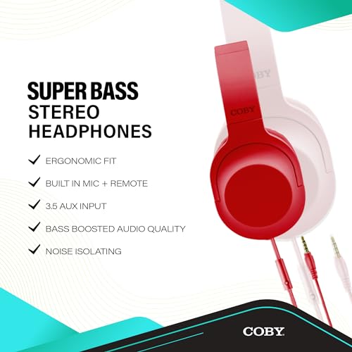 Image of Coby Super Bass Over Ear Headphones w /Adjustable Headband | 3.5 mm AUX in w /Remote | On Ear Headset MP3 Audio Device | One-Touch Answer Button, Built-in Mic (Red)