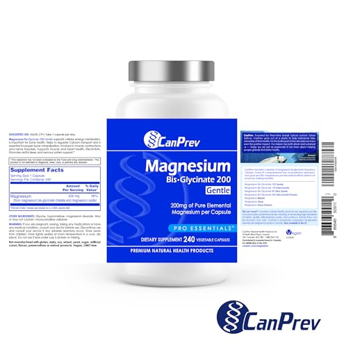 CanPrev Magnesium BisGlycinate Gentle 200mg, 240 v-Caps 240-Day Supply - Pure Elemental Magnesium Supplement, Supports Bone and Muscle Function, Gentle on Stomach, Perfect for Daily Magnesium Needs