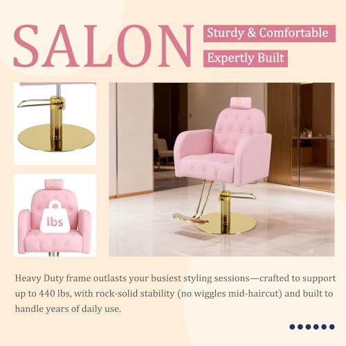 Image of Vintage Barber Chair,360 Swivel Salon Chair with Reclining,Adjustable Height,Professional Stylist Chair with Heavy-Duty Hydraulic Pump,Spa Equipment for Barbershop,Beauty,Home (Matte Pink)