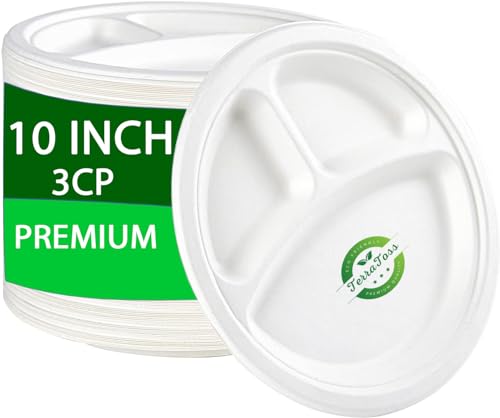 Image of Disposable Plates Bagasse | 10 inch 3-Compartment Round | 10 Pack | Disposable Plates Bagasse | Biodegradable | Sugarcane Paper Plates | Birthday & Party (10 inch, 10)