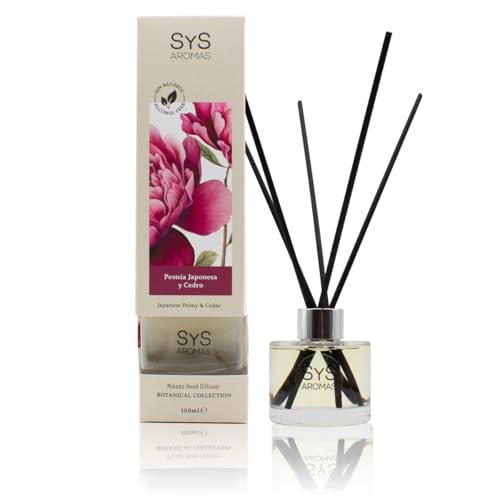 SYS Aromas Ambientador Mikado Peonía Japonesa y Cedro - Botanical - Difusor con Varillas de Ratán - Sin Alcohol - Larga Duración - Ideal para Hogar, Oficina, Baño - 100 ml con 5 Varillas