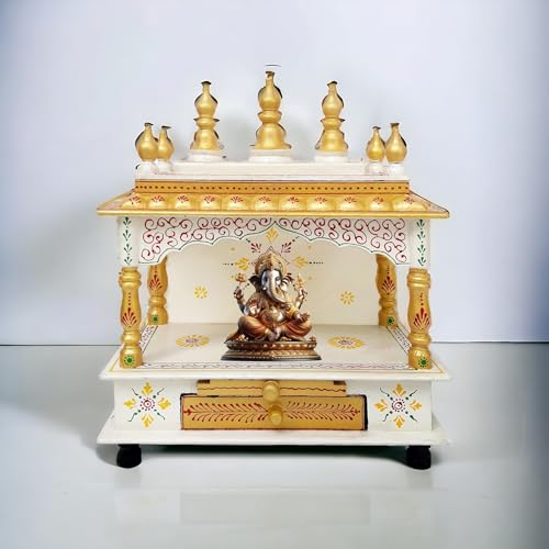 Image of Hindu Hand Crafted Wooden Puja Mandir with Drawer Religious Home Decor Wood Art and Craft Temple for Home /Office