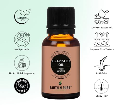Image of Earth N Pure Grapeseed Oil | 100% Pure & Natural | Cold Pressed Carrier Oil | Lightweight & Fast-Absorbing | For Skin, Hair & Massage | 15ml