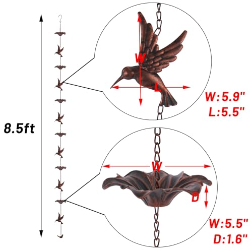 8.5FT Hummingbird Rain Chain,Rain Chains for Outside,Rainwater Catcher Chains, Outdoor Garden Yard Decor - Thumbnail 2