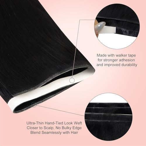 Image of Easyouth 22 Inch 120g Tape in Weft Hair Extensions Black, Double Sided | Invisible Tape in Hair Extensions Human Hair Jet Black, 4pcs, Seamless Blend, for Long Hair, Hand Tied Weft Hair Extension