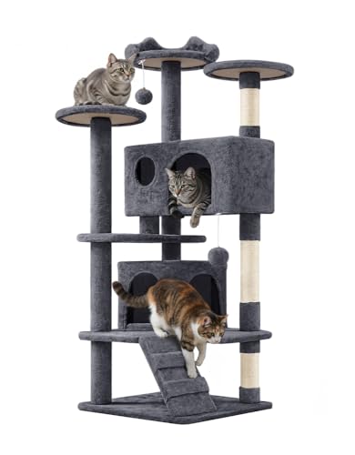 Yaheetech Arbre à Chat 139 cm, Arbre à Grimper avec 2 Niches 3 Plateformes 2 Boules en Sisal Multi-Niveaux Idéal pour 3-4 Chats, Gris Foncé