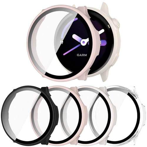 JADTILXY Case Compatible with Garmin vivoactive 6 with Screen Protector 4-Pack Hard PC Cover HD Tempered Glass Case Anti-scratch Full Protection Shell for Garmin vivoactive 6 (Black+Pink+Beige+Clear)