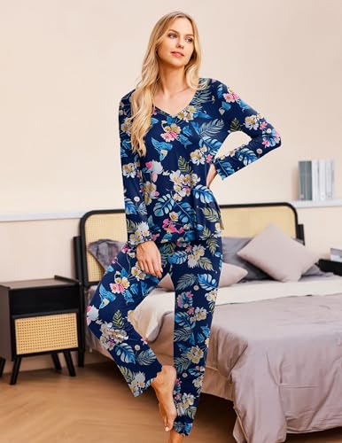 Image of Ekouaer Womens 2 Pack Pajama Set Long Sleeve Pajamas Top and Pants V Neck Pjs Set Soft Sleepwear Loungewear
