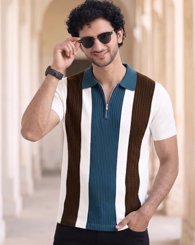 Image of AUSK Men's Zip Collar Polo Tshirt | Cotton Rich Material | Half Sleeves | Modern Knit Panel Work | Regular Fit