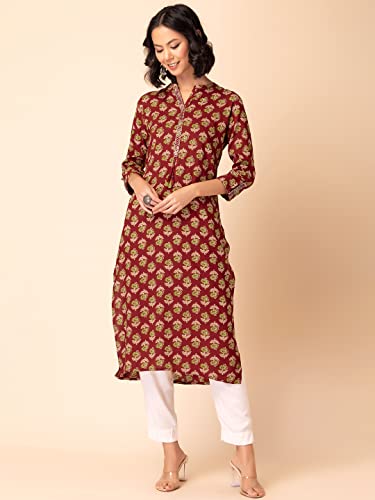 Image of Indya Women Maroon Batik Boota Print Rayon Kurta