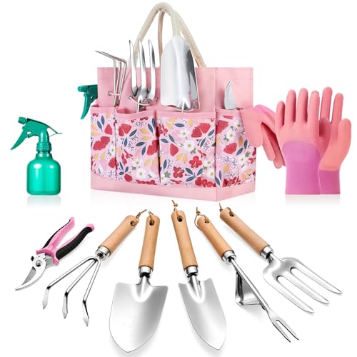 9-Piece Gardening Tools Set - Complete Gardening Kit with Heavy-Duty Stainless Hand Tools, Durable Storage Bag with Garden Accessories, Ideal Gardening Gifts for Women, Men, Gardeners - Pink