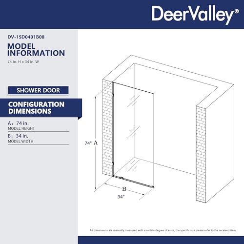 Image of DeerValley 34 inchx74 inch Shower Glass Panel, 5 /16'' (8mm) Thick Fixed Glass Shower Panel, Frameless Shower Screen for Walk in Shower, Tempered Glass Half Door with Stainless Steel Clamps (Black)