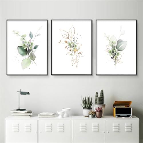 WBYZAC Hojas Abstractas Modernas Pósters de Acuarela de Oro Pintura de Lienzo de Arte de Pared Imagen Boho Sala Estar Cocina Oficina Decoración del Hogar-40 * 50 Cm/(16 * 20 Pulgadas)*3Pcs Sin Marco