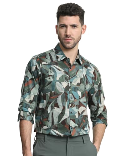 Image of MUFTI Olive Abstract Slim Fit Shirt