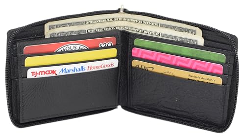 RFID Blocking Cowhide Leather Zip-Around ID Bifold Wallet for Men with Gift Box (Black)3