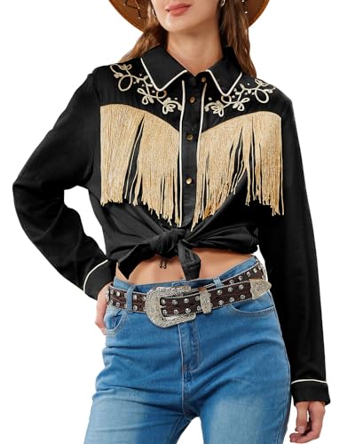 JOHN MOON Women's Fringe Western Button Down Shirts with Studs Floral Embroidered Cowgirl Tops Country Style Snap Blouses