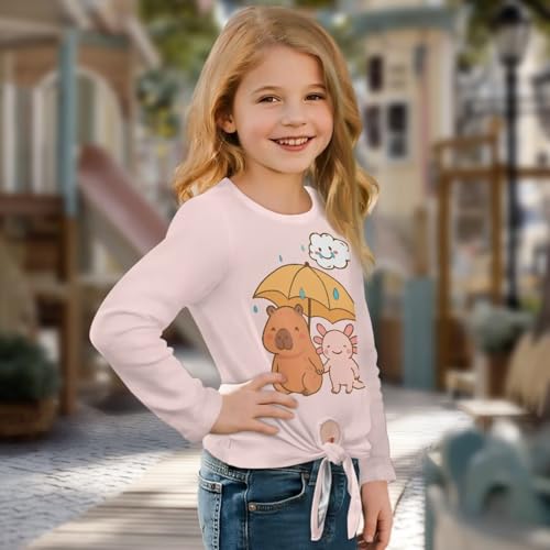 Girls Long Sleeve Shirts with Tie Hem Casual Tops Pullover Round Neck Basic Tees Kid Fit Blouses 5-12 Years3
