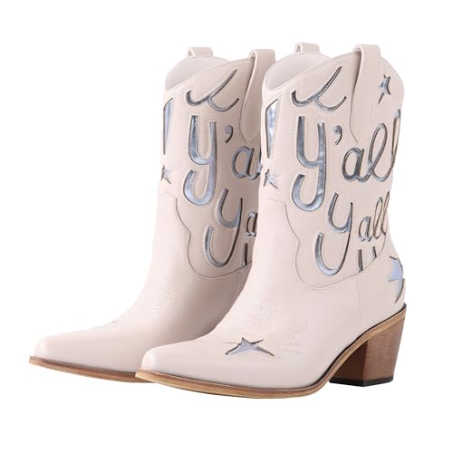 Cowboy Boots for Women Metallic Mid Calf Booties with Stars Western Cowgirl Fashion Embroidery Short Boots with Chunky Low Heel Party Shoes Cocert Outfits