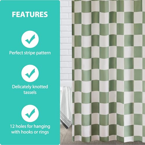Duschvorhang 180 × 180cm - Karierter Badevorhang Retro Schachbrett Shower Curtain Polyester Textil Vorhang Anti Schimmel Wasserdichter Schnelltrocknend Waschbar für Badewanne mit 12 Haken(Grün & Weiß)