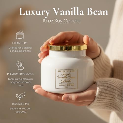 Image of Majestic Zen Vanilla Bean Soy Candle - 70-Hour Clean Burn Aromatherapy Candle with Warm Vanilla & Bourbon Scent - Large 19oz Jar Home Decor Gift Candle for Men & Women