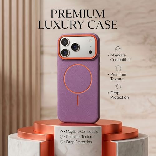 Image of amazon basics Luxury MagSafe Compatible Leather Texture Back Cover for iPhone 17 Pro Max | Raised Camera Protection | Slim Fit Shockproof Case with Metallic Accents (Purple)