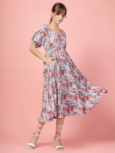Image of OOMPH! Below Knee Shift Pink Dress in Crepe Fabric with Round Neck and Puff Sleeves - md619l