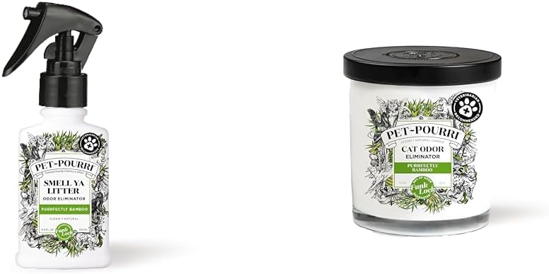 Pet-Pourri Purrfectly Bamboo Cat Odor Freshener Bundle - Smell Ya Litter Box Spray 3.4 Fl Oz + Candle 7.5 Fl Oz (Veterinarian Recommended)