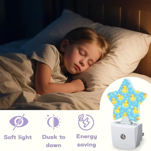 Image of Cute Rubber Ducks Decorative Nightlight Plug in Wall,Bubbles Star Shaped Night Light with Built in Sensor for Home Decor,Kitchen Hallway Stairs Desk Lamp
