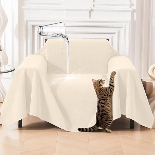 Deep Dream Cat-Scratch Resistant Armchair Couch Cover, Waterproof Sofa Cover for Dogs, Pet Friendly Couch Protectors Anti Slip Thickened Slipcovers for Dogs Pets, 71 x 91, Beige