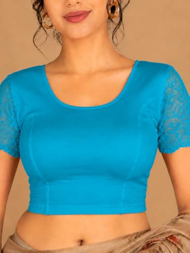 Image of Abhi Cotton Readymade Saree Blouse for Women- Half Net Sleeves, Round Neck, Regular-fit, Stretchable, Pull-on Style Blouse