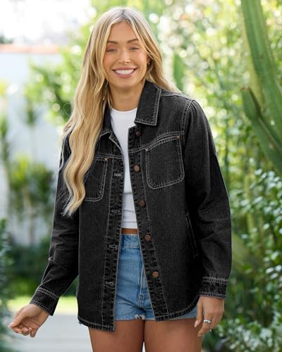 Roskiky Damen Jacken Damen Herbst Outfit Schwarzer Mantel Mit Tasche Western-Arbeitsjacke Faded Black M
