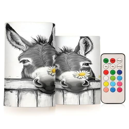 Image of Black White Donkey Flowers Wooden Flickering Flameless Candles LED Battery Operated with Remote Timer Pillar Candles for Home Birthday Wedding Christmas Decor, Set of 2