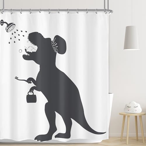 Image of Funny Dinosaur Shower Curtain Dino Shower Curtain Kids Trex Raptor Silhouette Animal Shadow Cartoon Bath Accessories Art Home Decor 60x71 Fabric 12 Pack Hook
