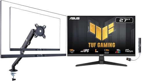 Image of ASUS TUF Gaming 27 inch FHD IPS Monitor with 1ms Response Time, 180Hz Refresh Rate, Anti Glare, Flicker Free, VESA Mount (100mm), Displayport, HDMI, Black Color w /DKZ Hub & ErgoFlexy Single Mount Arm