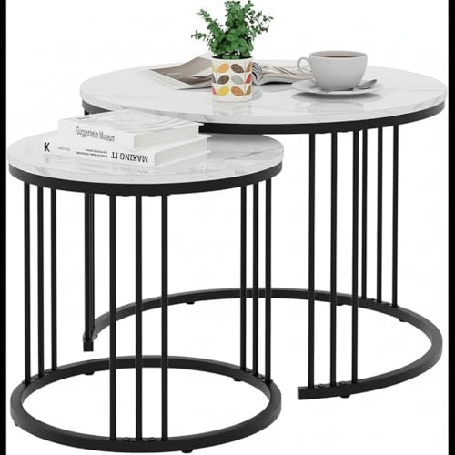 Image of Modern Nesting Table Set of 2 - Round Coffee Table with Engineered Wood Top & Metal Frame, Side Tables for Living Room, Bedroom & Lounge (Black & White)