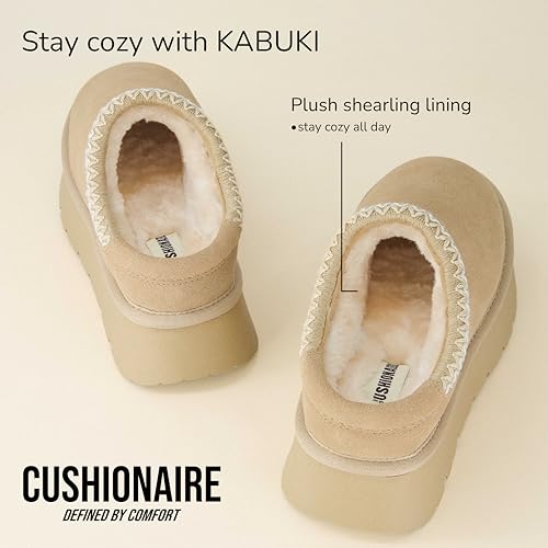 Image of CUSHIONAIRE Kabuki Platform Boots Genuine Suede Fuzzy Mule Slippers for Women with Memory Foam | Indoor /Outdoor Womens Slippers | Wide Widths Available