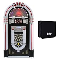 Full size, free standing jukebox Traditional wooden cabinet with black finish & chrome trim 4 wheels make it easy to move into position Remote control inc. batteries Bluetooth function connects to smart phones, mp3 players and tablets 3 speed turntab...