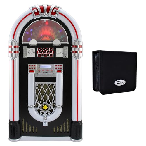 Jukebox Vinyl Record Player & Sound System with LED Lights USB AUX & 48 CD Carry Case Retro Music Station for CDs & LPs Gift Set Bundle